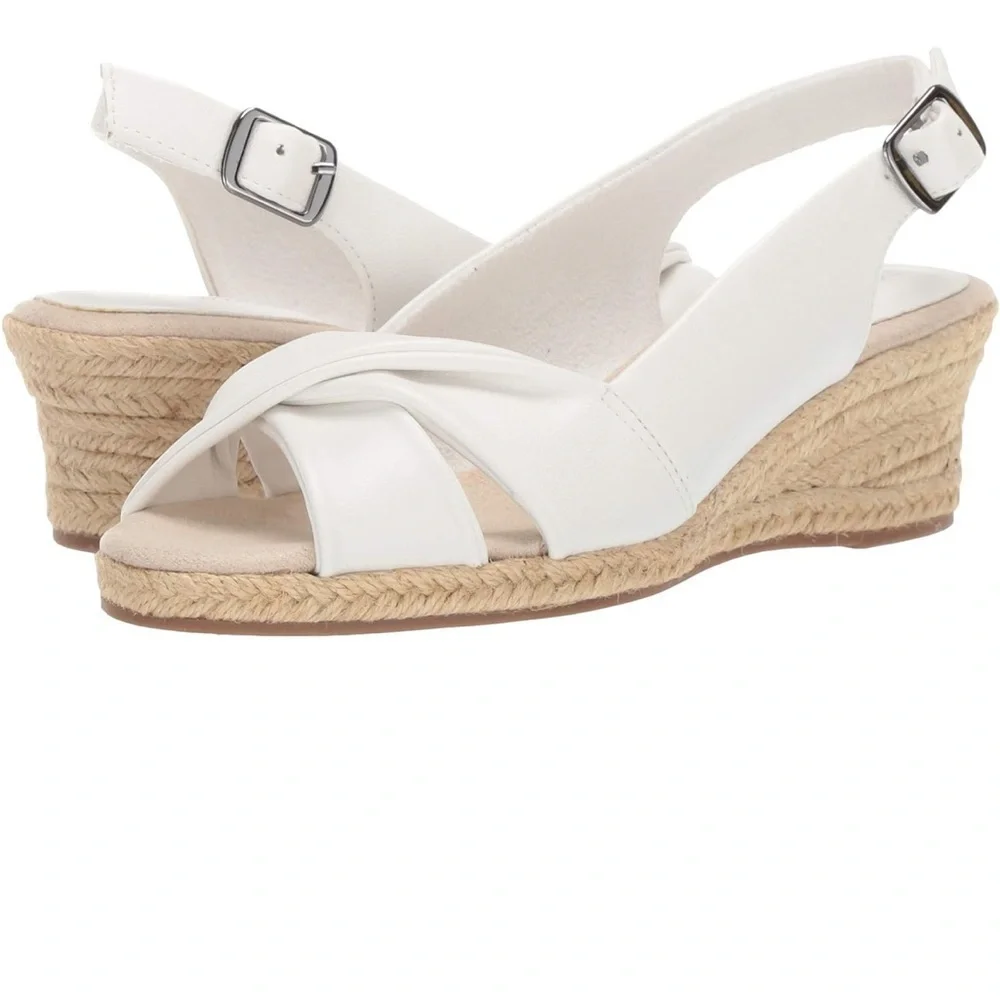 Easy Street Maureen White Faux Leather Open Toe Espadrille Wedge Sandal 8 Wide